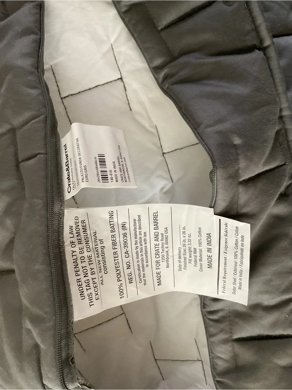 Crate & Barrel Palazzo Grey Quilted Set Of 3 Euro Shams 26x26”